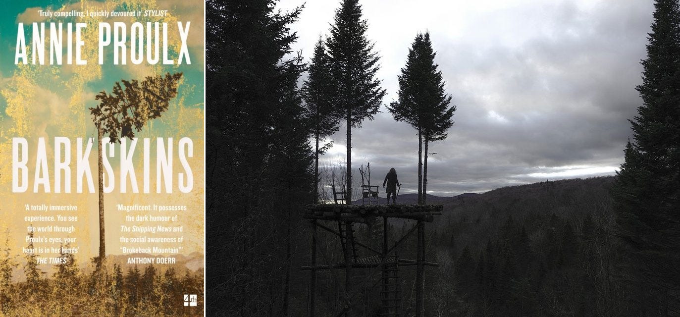 Okładka oryginalnego wydania "Drwali" (ang. "Barkskins") oraz kadr z serialu