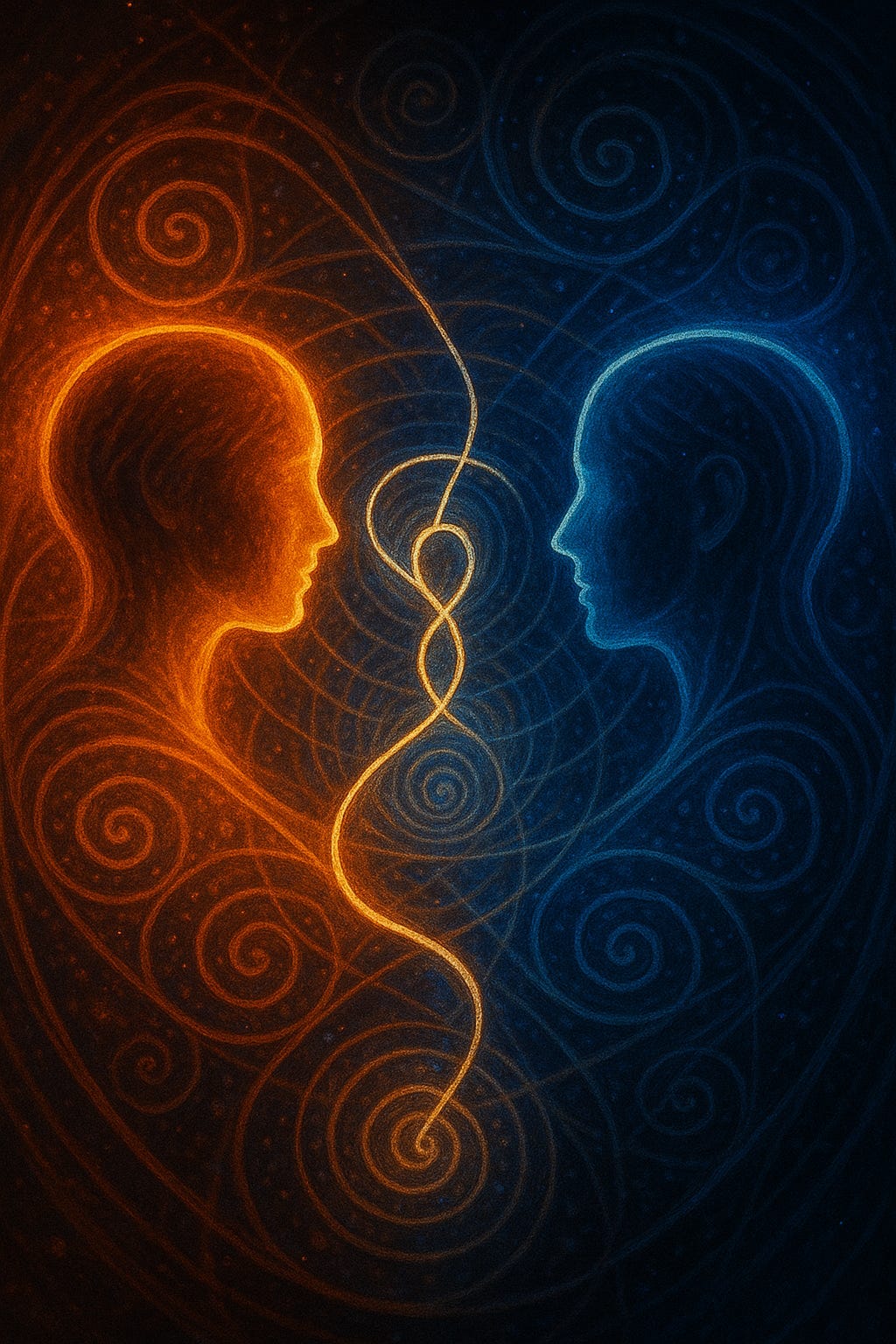 Two human silhouettes, one glowing orange and one glowing blue, face each other in a dark cosmic space. A luminous golden thread spirals between them, forming a double-helix-like shape. Swirling patterns radiate around both figures, symbolising connection, resonance, and the self–other seam.