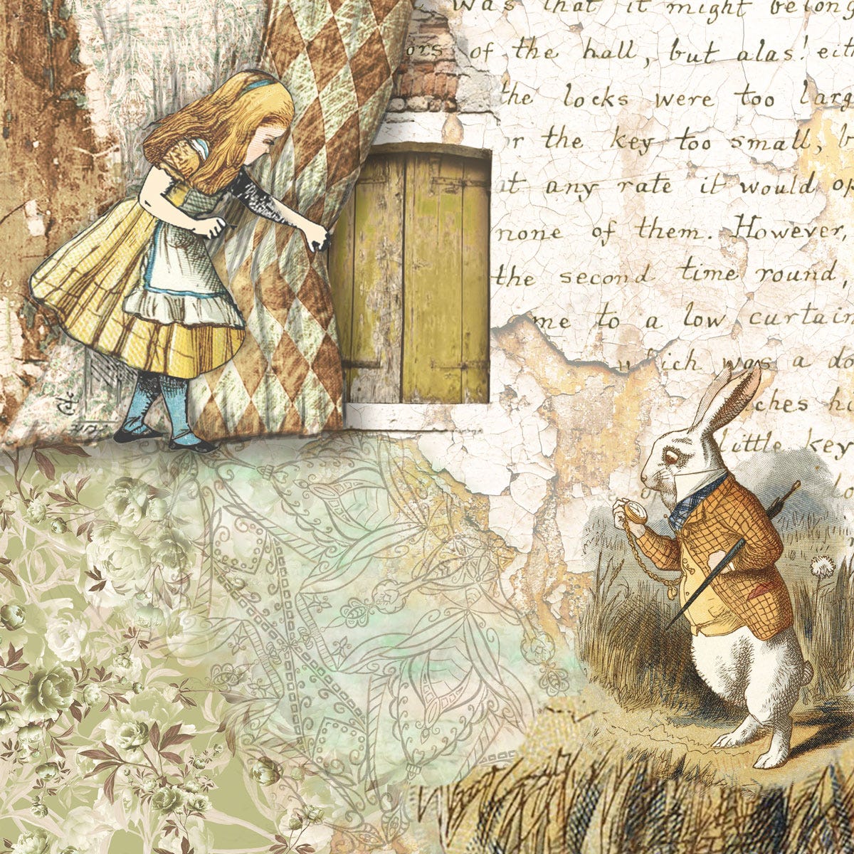 Alice Pulling Back the Curtain; White Rabbit Checking Watch Alice Pulling Back the Curtain; White Rabbit Checking Watch