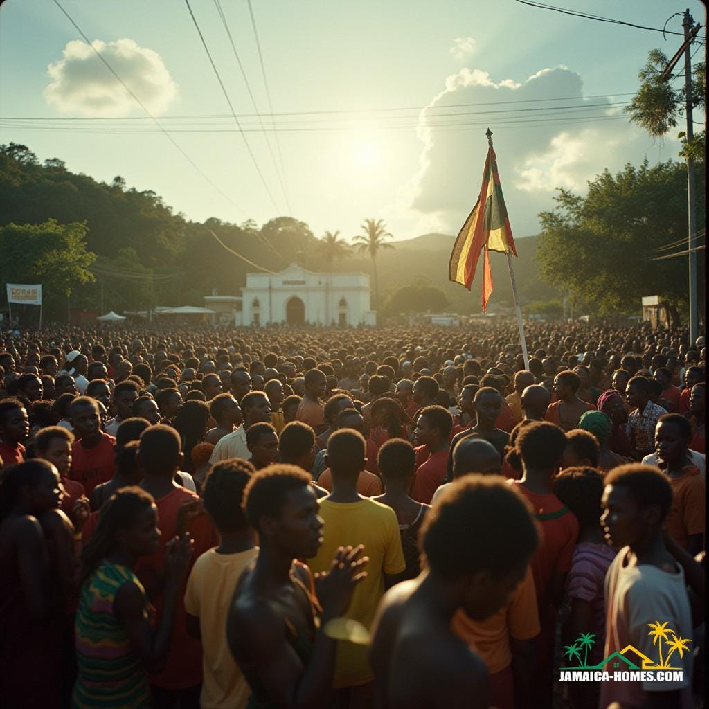 Daddy Rock, Woodside, St. Mary, Jamaica, Emancipation Day celebrations, vibrant gathering of community members, traditional Jamaican attire, re-enactment of Emancipation proclamation, people of all ages, unity, remembrance, lush landscape, distant church, banners, flags, cinematic film still, inspired by the dramatic lighting of Roger Deakins, warm color palette of Emmanuel Lubezki, and the epic scope of Akira Kurosawa, film grain, vignette, 35mm film aesthetic, live-action, cinematic lighting, atmospheric, masterpiece.