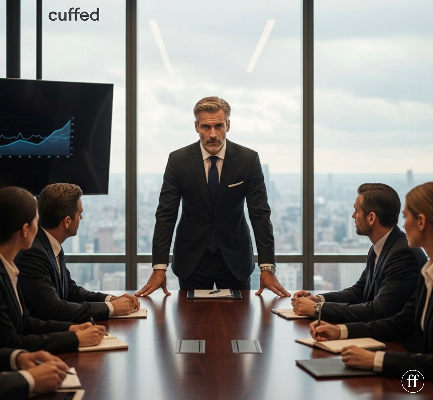 cinematic cover image for musing 61 showing a composed man in a dark suit standing at the head of a conference table, hands grounded, others seated and listening. restrained power, clarity, and authority. mood of discernment, boundaries, and refusing bitterness. cuffed cover art.