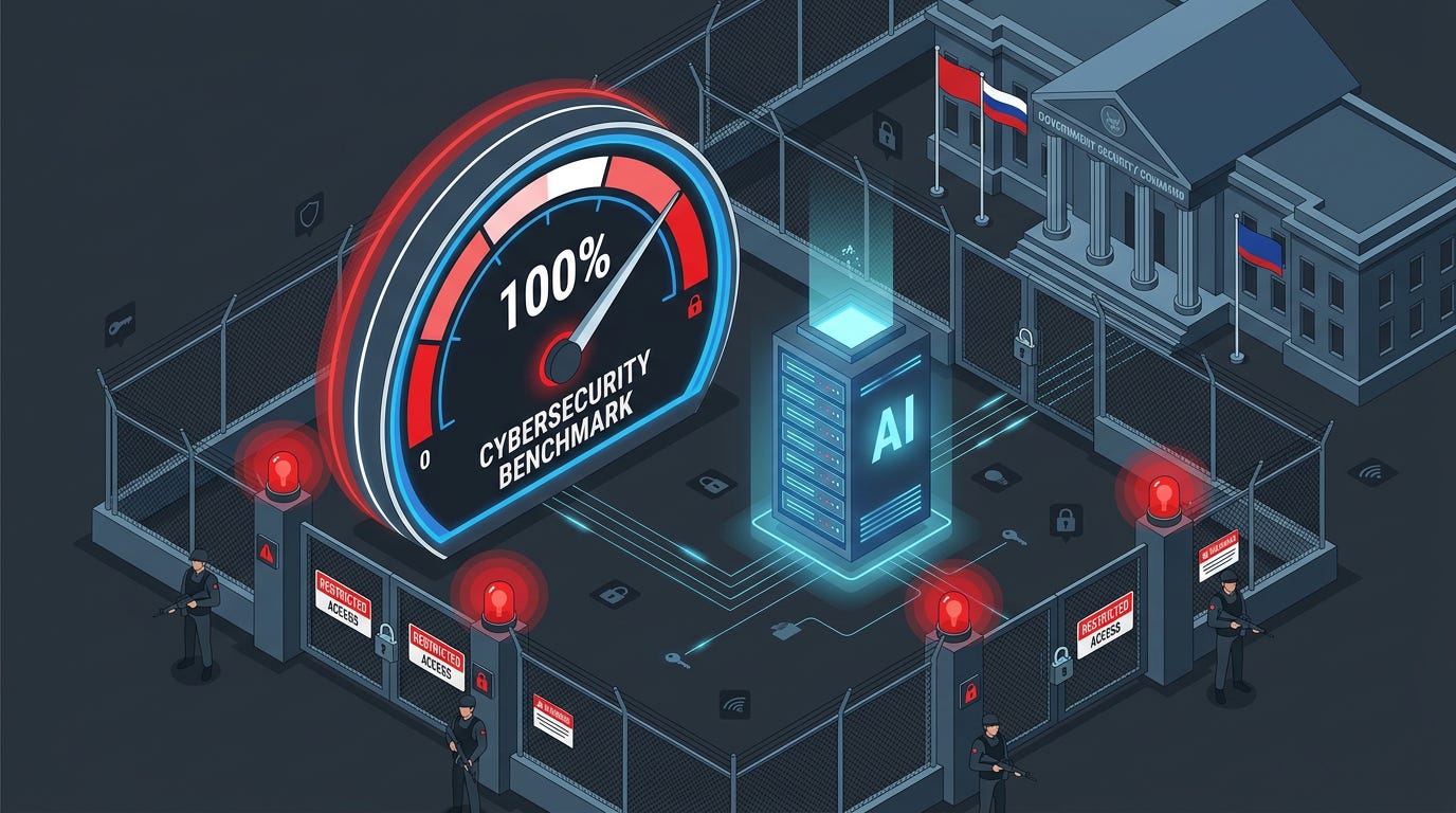 Flat isometric illustration of a cybersecurity benchmark meter pushed all the way to 100 percent, a glowing AI server sitting beside it while a government building watches from behind a security barrier, red warning lights and locked gates surrounding the scene, deep charcoal background, clean vector art style, bold red, white and blue accents, modern cybersecurity editorial aesthetic Flat isometric illustration of a cybersecurity benchmark meter pushed all the way to 100 percent, a glowing AI server sitting beside it while a government building watches from behind a security barrier, red warning lights and locked gates surrounding the scene, deep charcoal background, clean vector art style, bold red, white and blue accents, modern cybersecurity editorial aesthetic