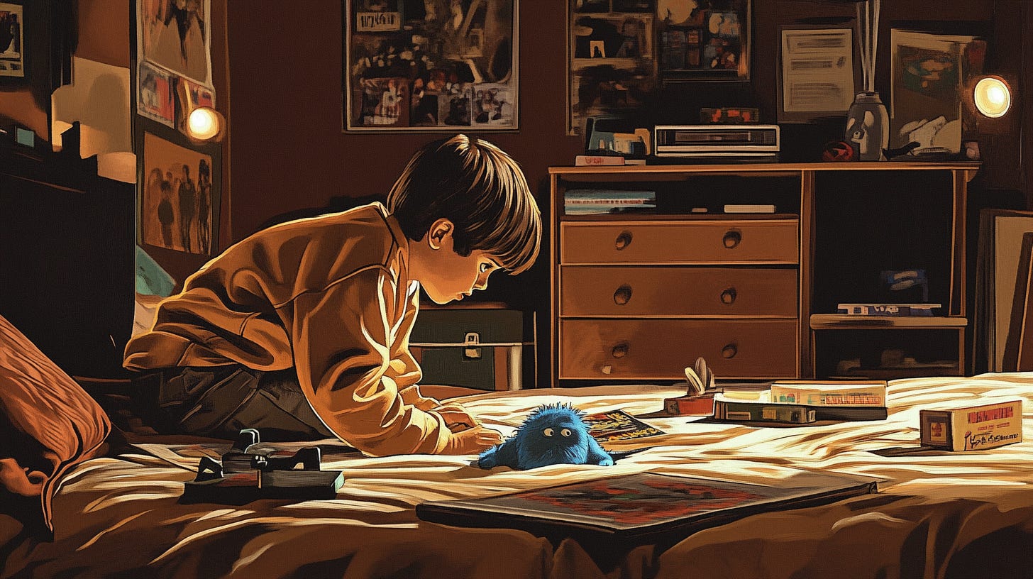 A young boy sitting on a bed in a messy room.