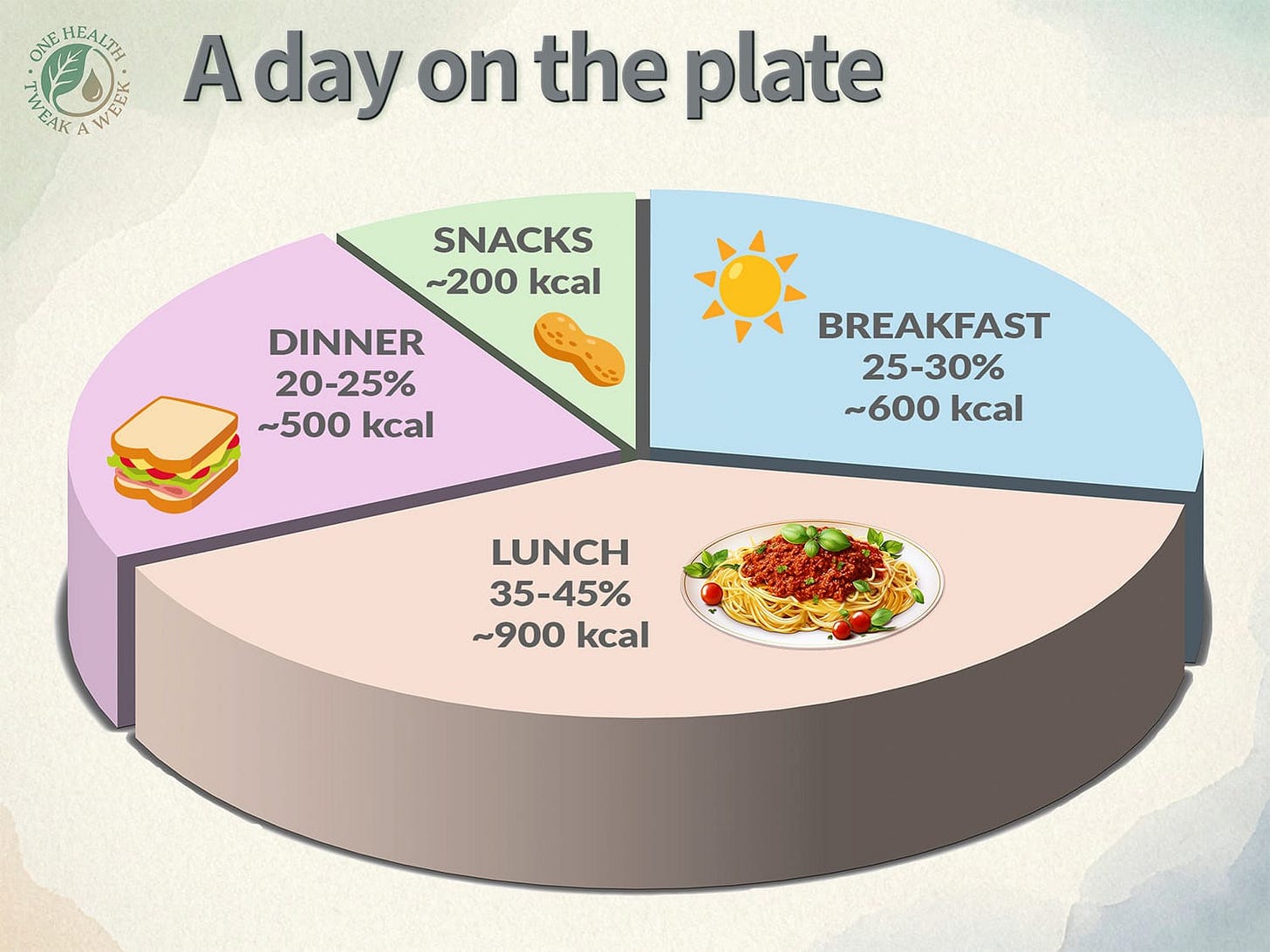 A pie chart showing the ideal distribution of food through the day