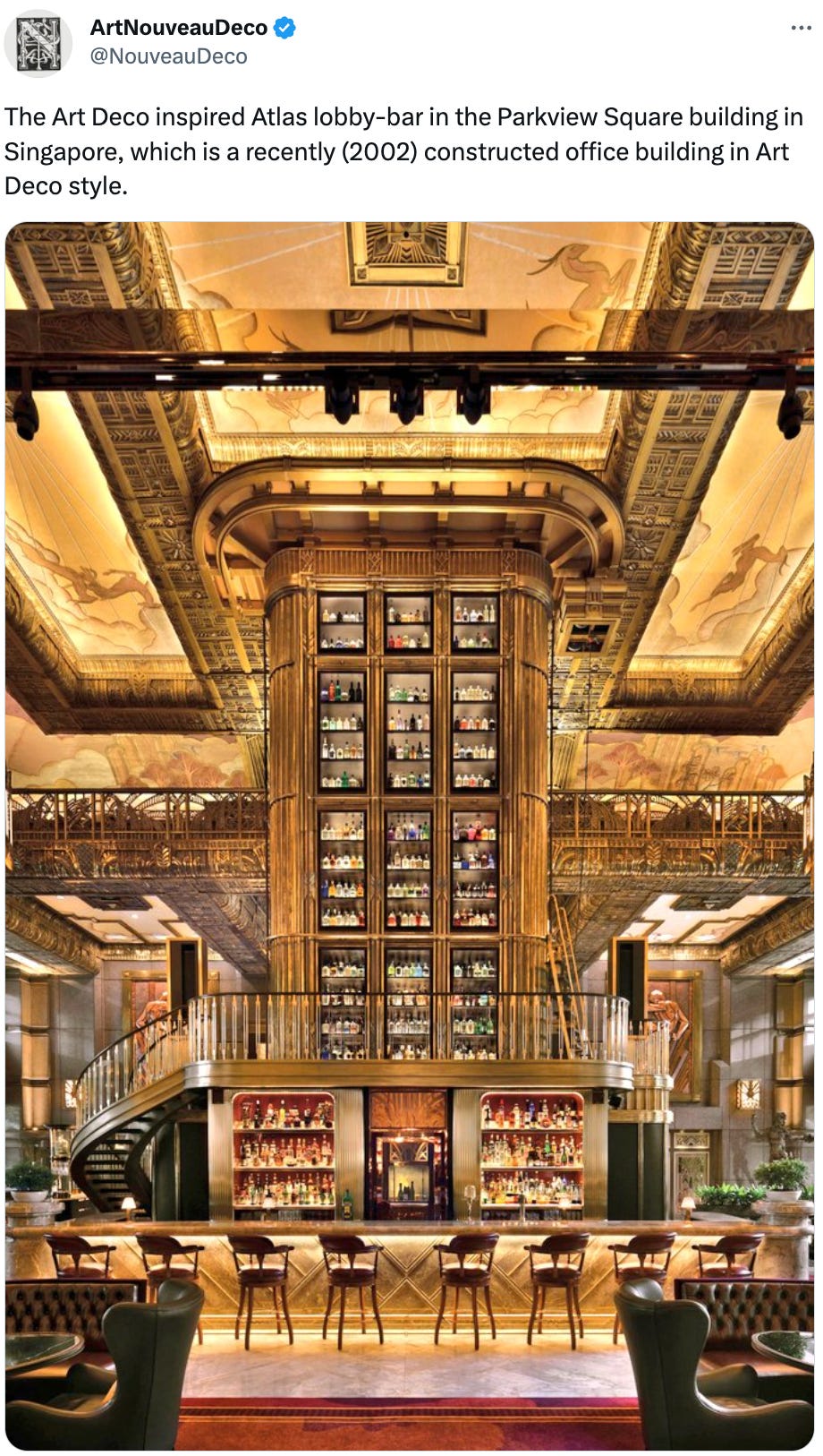  See new Tweets Conversation ArtNouveauDeco @NouveauDeco The Art Deco inspired Atlas lobby-bar in the Parkview Square building in Singapore, which is a recently (2002) constructed office building in Art Deco style.