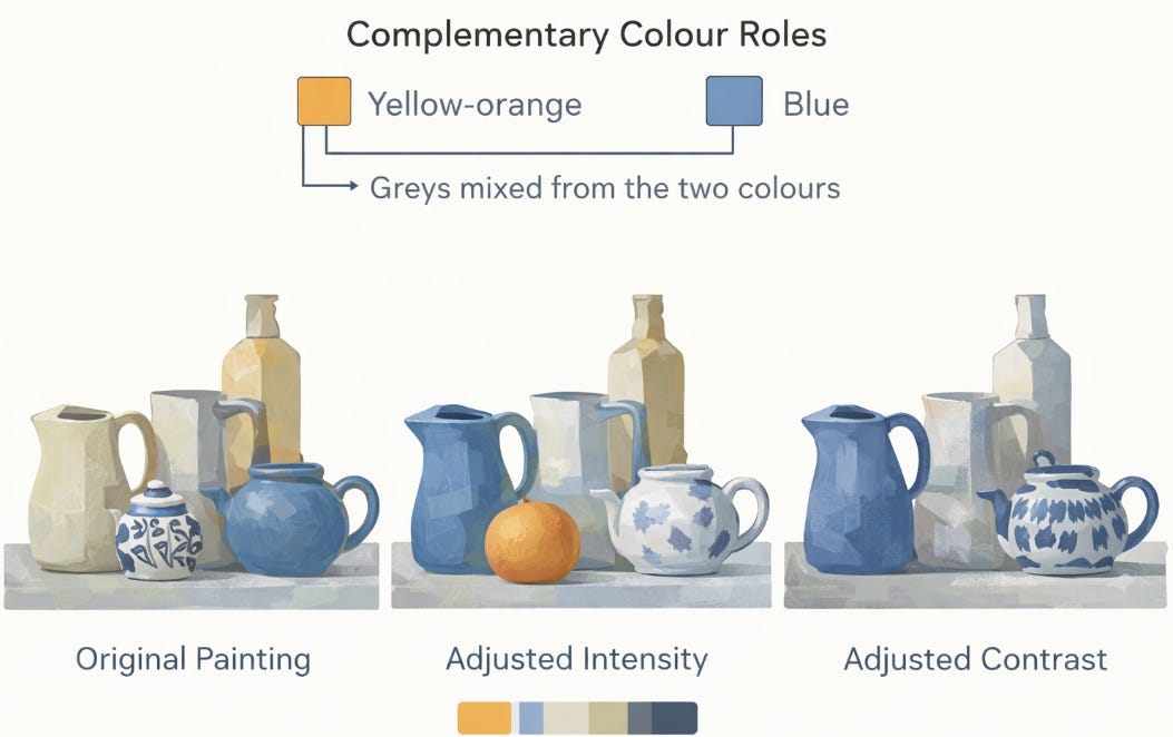 Teaching diagram showing complementary colour roles in a still life using blue, yellow-orange and grey mixtures. Teaching diagram showing complementary colour roles in a still life using blue, yellow-orange and grey mixtures.