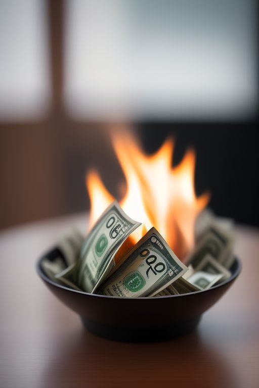 prompt=money burning, sharp focus, depth of field, 8k photo, HDR, professional lighting, taken with Canon EOS R5, 75mm lens
negativePrompt=worst quality, bad lighting, cropped, blurry, low-quality, deformed, text, poorly drawn, bad art, bad angle, boring, low-resolution, worst quality, bad composition, terrible lighting, bad anatomy
guidanceScale=7
seed=177697654