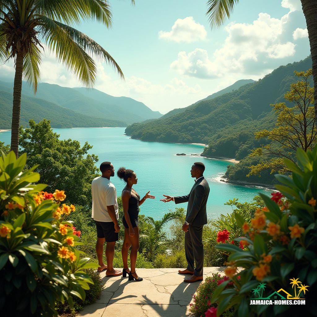 Black realtors standing on a lush, sun-drenched Jamaican hillside, overlooking a breathtaking vista of turquoise waters and lush green mountains, as they extend an inviting gesture to a potential buyer, surrounded by vibrant tropical flowers and swaying palm trees, with a stunning, modern, luxury villa in the background.