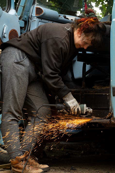 female girl woman mechanic petrol head growing up story travel writer van life welding repair spanners bodge fix LDV Convoy British vehicles old 