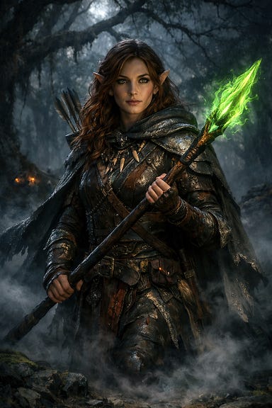 Silverleaf — a female elf ranger with wavy auburn hair and luminous hazel eyes, standing in a misty Barovian grove. She holds a spear glowing with faint green flame, its light reflecting off her leather armor and silver-threaded cloak. Her expression is calm but resolute, the forest mist swirling around her boots. Moonlight filters through twisted branches overhead, illuminating her elven features and the emerald glow of the weapon.