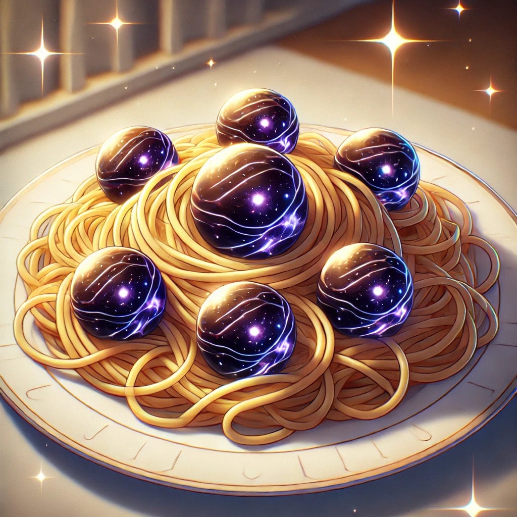 A detailed image of a plate of spaghetti with dark matter meatballs, created in an early 2000s anime style. The spaghetti is perfectly twirled, topped with several meatballs that appear to be made of swirling, glowing dark matter with a slightly mysterious and cosmic appearance. The plate is white with a simple pattern, and the scene has a soft, warm lighting typical of early 2000s anime. The background is slightly blurred, with subtle hints of an anime kitchen setting, enhancing the focus on the spaghetti dish.