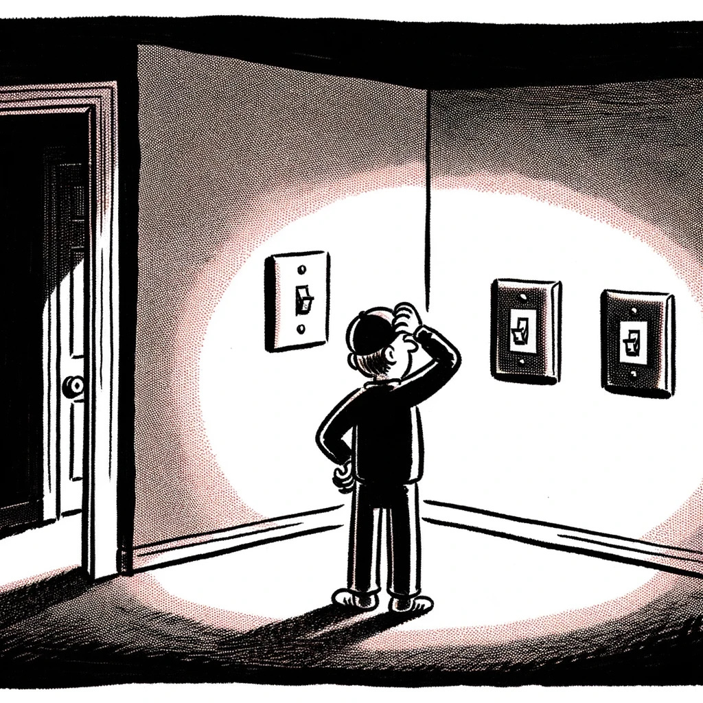 Single-panel comic strip where I person scratches their head, trying to make sense of multiple light switches in a room