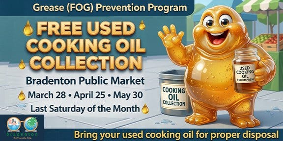 Bradenton Offers Free Used Cooking Oil Collection to Prevent Sewer Damage and Protect Environment