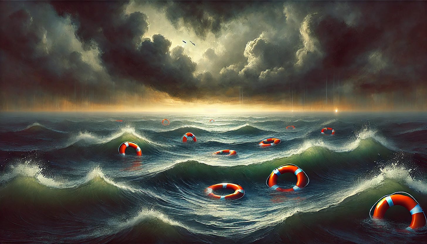 A symbolic image of a stormy sea, with dark waves crashing under a cloudy sky. Floating in the water are bright life preservers, symbolizing hope and life-saving efforts amidst the ongoing opioid crisis. The life preservers are gently illuminated to contrast with the turbulent sea, suggesting that help is available even in dark times. In the distance, a faint light on the horizon hints at recovery and future solutions. The scene is conceptual, evoking a mixture of struggle, hope, and resilience.