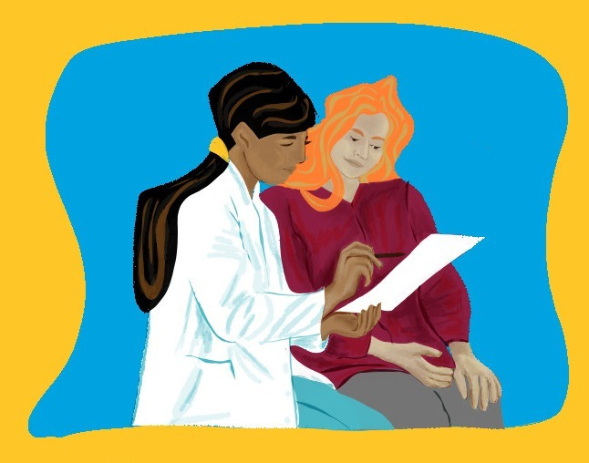 An illustration of a doctor reviewing a sheet of paper with a patient. 