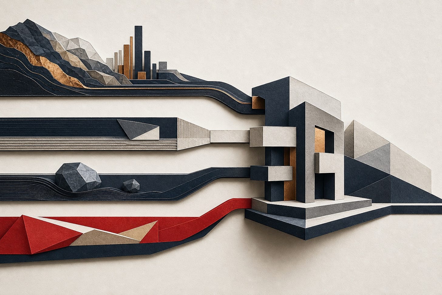 Editorial illustration showing separate public-equity, corporate-note, private-credit and acquisition-financing channels flowing toward a Canadian mid-market company, with subtle mining-inspired geological forms. Editorial illustration showing separate public-equity, corporate-note, private-credit and acquisition-financing channels flowing toward a Canadian mid-market company, with subtle mining-inspired geological forms.