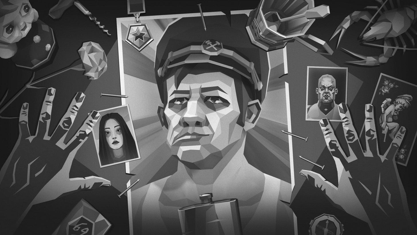 FRUSTRAIN key art: hands laid on a table around a nailed portrait of a Soviet railway conductor, surrounded by memory-objects FRUSTRAIN key art: hands laid on a table around a nailed portrait of a Soviet railway conductor, surrounded by memory-objects