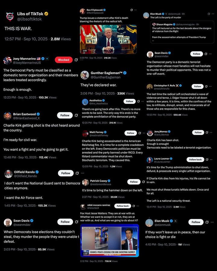 Screenshots of X posts from various accounts including Donald Trump, Elon Musk, and others. Text overlays include usernames, timestamps, and post content discussing political rhetoric and violence. Visible elements include profile pictures, post text, and platform watermarks from X.