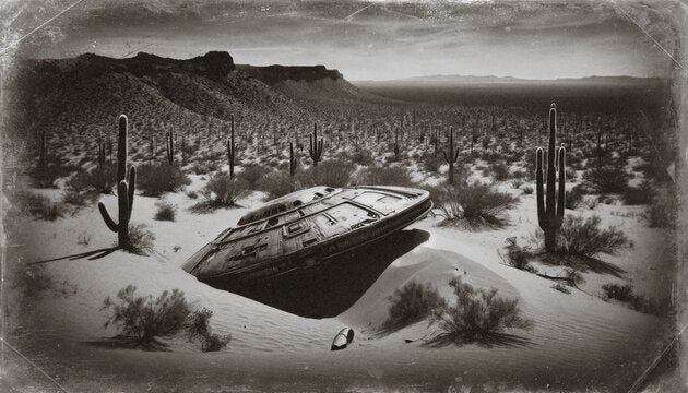 AI-generated vintage photo of a UFO crash site in the middle of a southwestern desert wilderness