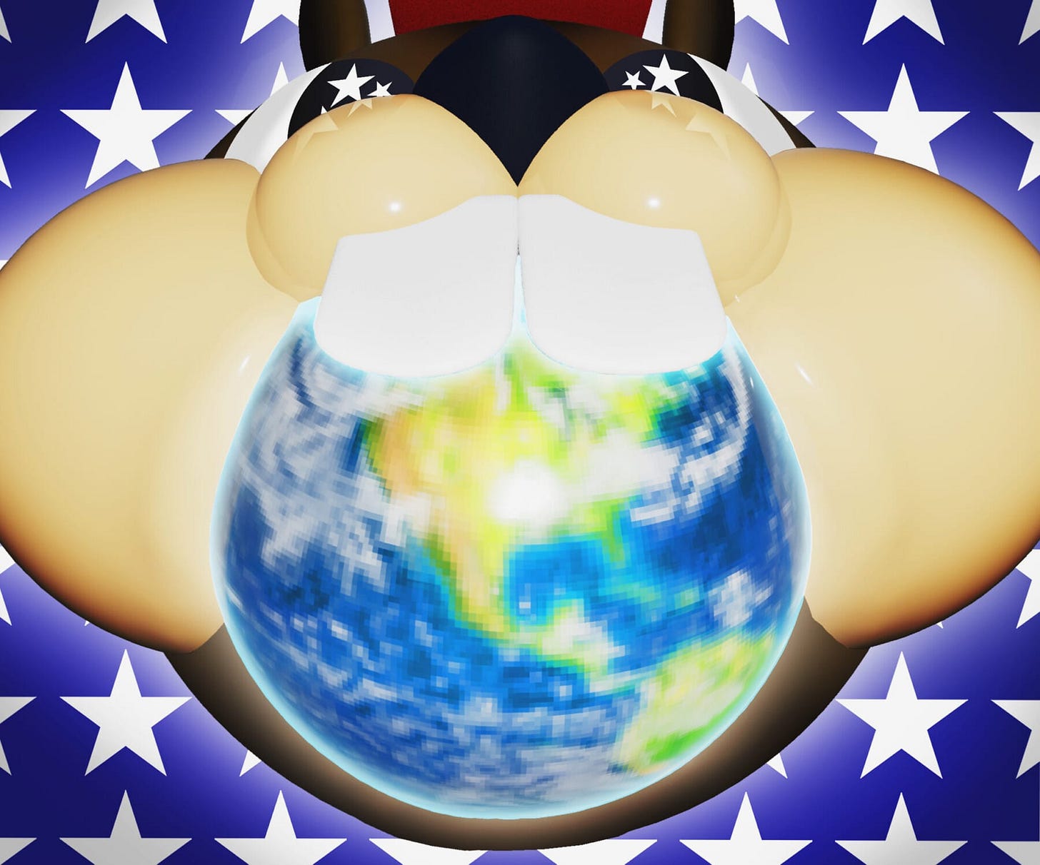 A chipmunk holding the Earth in its mouth, laid over a banner of white stars on a blue background. A chipmunk holding the Earth in its mouth, laid over a banner of white stars on a blue background.