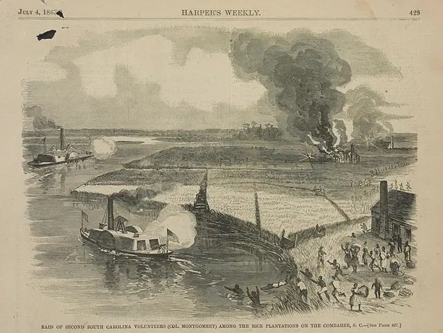 An old engraved magazine illustration showing (in not the most realistic scale) Union paddlewheel gunboats firing cannon on plantations from the river, a plantation building on fire, and in the foreground, strangely large black people nearly as tall as a nearby gunboat fleeing slave quarters. Yes, yes, it's meant to be 'perspective,' but not at all realistically so. An old engraved magazine illustration showing (in not the most realistic scale) Union paddlewheel gunboats firing cannon on plantations from the river, a plantation building on fire, and in the foreground, strangely large black people nearly as tall as a nearby gunboat fleeing slave quarters. Yes, yes, it's meant to be 'perspective,' but not at all realistically so.
