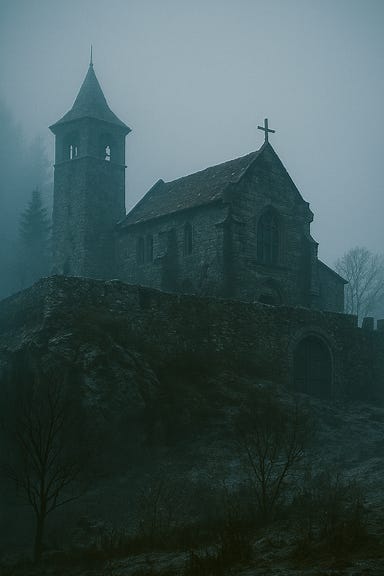 A dark fantasy image of the Abbey of Saint Markovia at Krezk. The Abbey sits atop a steep hill overlooking the village, its stone walls weathered and cracked, with ivy crawling up the sides. The structure is imposing yet silent, with tall spires reaching into a mist-filled sky. The windows are dark, some shattered, others boarded, giving the impression of abandonment. A broken bell tower looms above, its silhouette stark against the twilight. Snow clings to the rooftops and the surrounding stone steps, while the path leading up is lined with skeletal trees. Ravens circle overhead, their cries echoing in the cold air. The atmosphere is eerie, heavy with absence and forgotten mercy.
