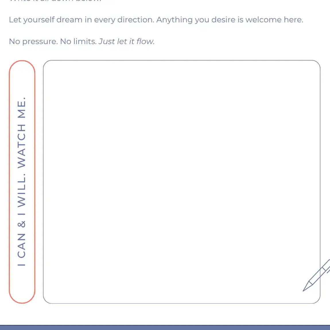 A page from the Miracle Month Planner encouraging users to engage in a dream brain dump, featuring a prompt to list desires and aspirations in a spacious text box.