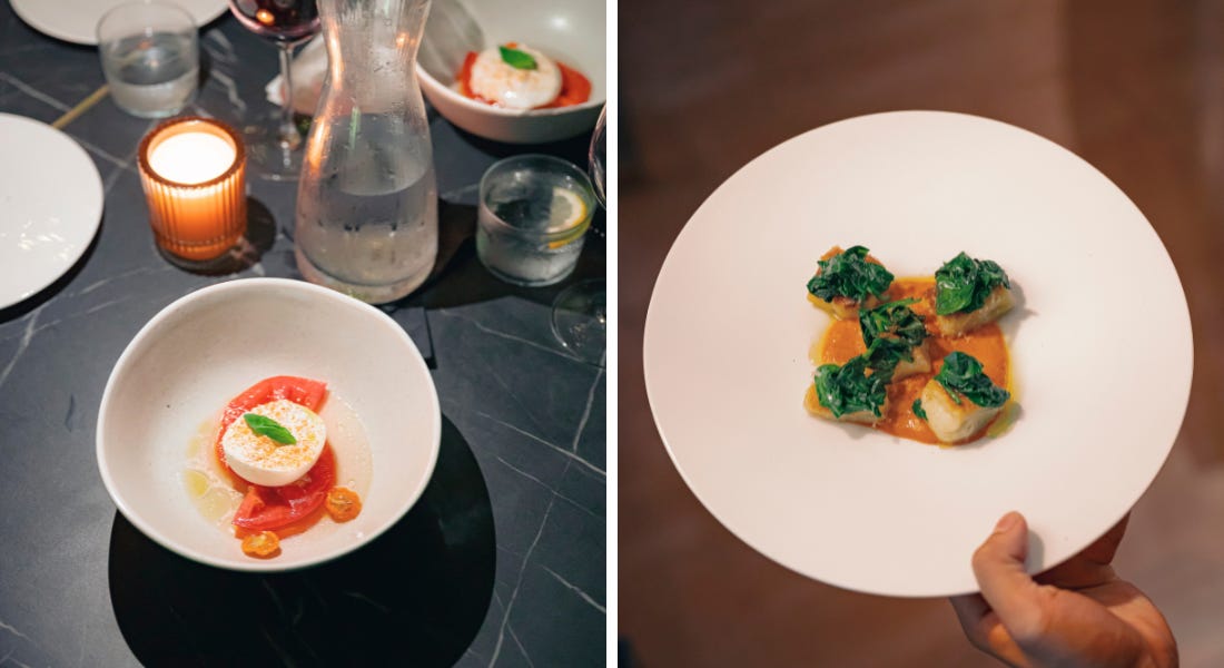 Two pictures - one of a black table with plates of tomato and burrata, and one of a plate of gnocchi Two pictures - one of a black table with plates of tomato and burrata, and one of a plate of gnocchi