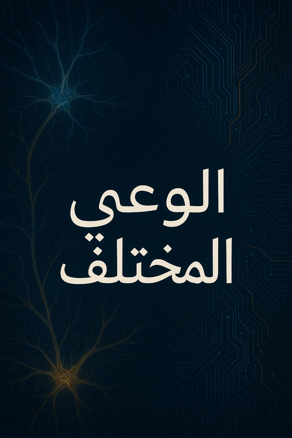 صورة رقمية تحتوي على عبارة "الوعي المختلف" مكتوبة بخط عربي واضح وكبير في وسط التصميم، تحتل مساحة بارزة بحجم يقارب 40% من ارتفاع الصورة. الخلفية مكونة من شبكة أعصاب عضوية متوهجة باللون الأزرق والذهبي، مدموجة مع أنماط دوائر إلكترونية رقمية بنفس الألوان. النص بخط أبيض عريض عالي التباين، بحواف نظيفة، دون أي عناصر زخرفية تتداخل مع وضوح القراءة.