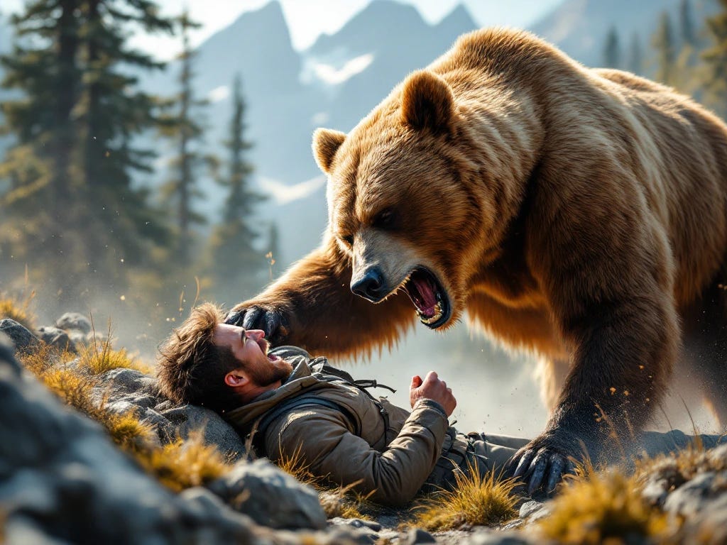 Grizzly bear mauling and biting man in Glacier National Park