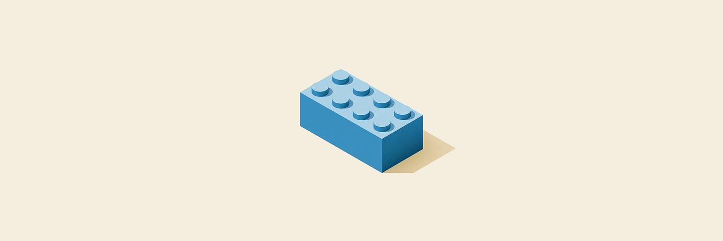 A single blue Lego brick with eight studs, rendered in a minimalist isometric style against a warm cream background, with a soft shadow cast to the lower right.