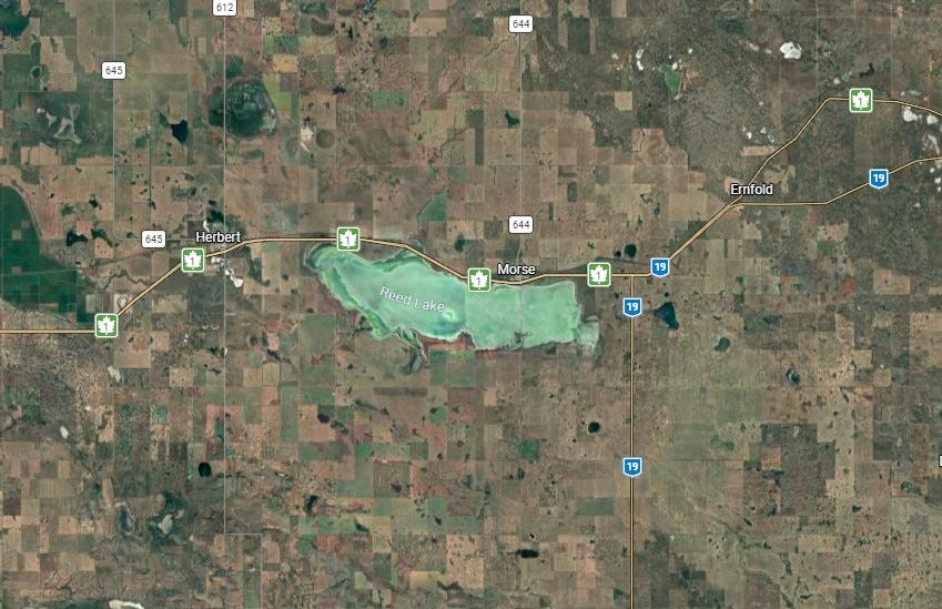 Map of the region around Reed Lake. On the ground, this is around 80km across, on the Trans-Canada, going from a few kilometers west of Herbert to a few kilometers east of Emfold. The only other town is Morse, and the rest of the area is made up largely of agricultural land.