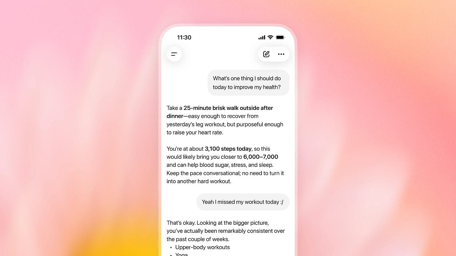 Mobile phone showing a ChatGPT Health conversation recommending a 25-minute brisk walk after dinner, based on the user’s recent activity and missed workout.