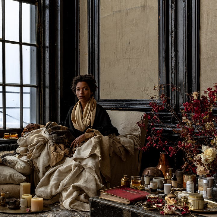 A Black woman sits peacefully in a cosy chair by a large window, wrapped in a soft cream blanket and wearing warm neutral layers. Candles, books, flowers, and self-care items surround her, creating a calm soft life atmosphere. The image has warm golden tones, vintage-style framing, and a reflective, restorative mood.