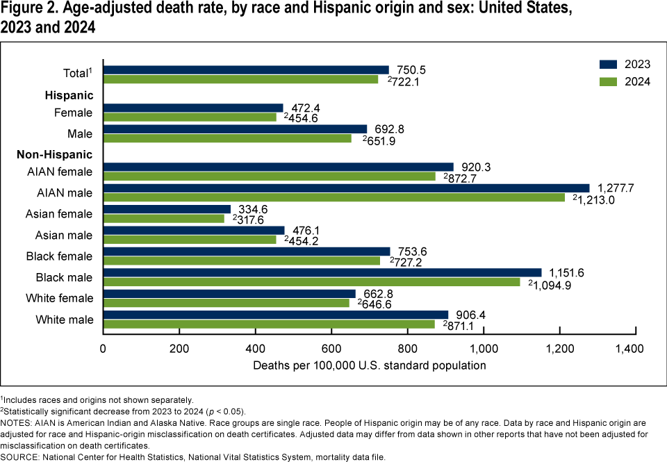 Figure 2 is a bar graph showing the age-adjusted death rate by race and Hispanic origin and sex in the United States in 2023 and 2024. Figure 2 is a bar graph showing the age-adjusted death rate by race and Hispanic origin and sex in the United States in 2023 and 2024.