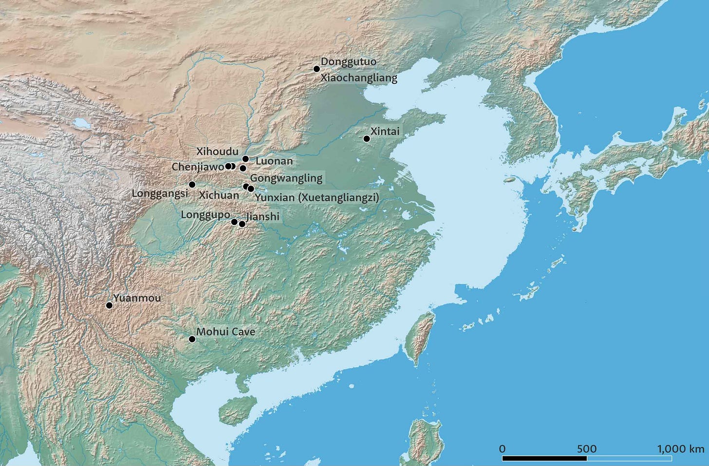 Map of China and adjacent areas showing locations of Early Pleistocene hominin and archaeological sites Map of China and adjacent areas showing locations of Early Pleistocene hominin and archaeological sites