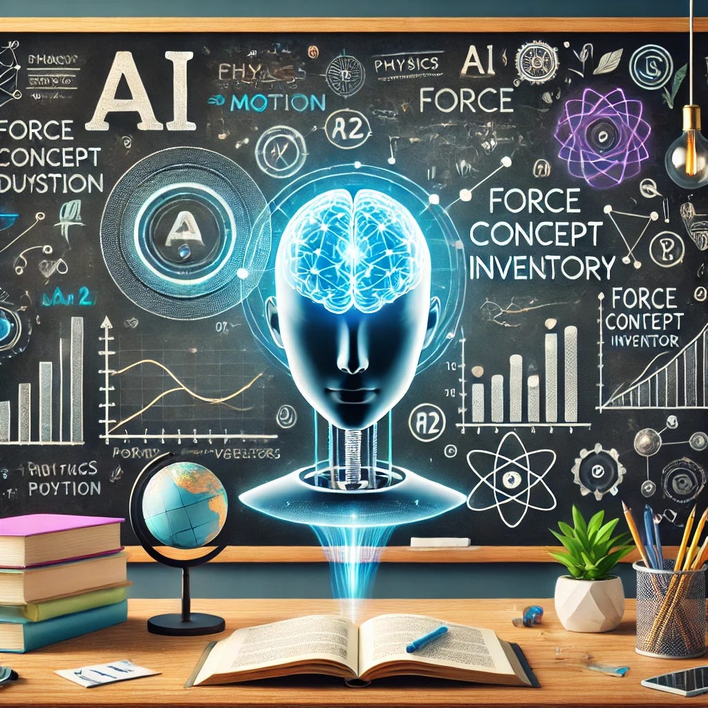 A visually appealing blog cover image for a post about AI in education, specifically focusing on ChatGPT's performance on physics problems like the Force Concept Inventory. The design should include a futuristic and educational theme, with elements such as a chalkboard featuring physics diagrams (e.g., parabolic motion, force vectors), a glowing AI brain or chatbot icon, and a subtle background of books or classroom elements. The composition should feel balanced, modern, and inviting, suitable for an educational blog. Text can be added later.