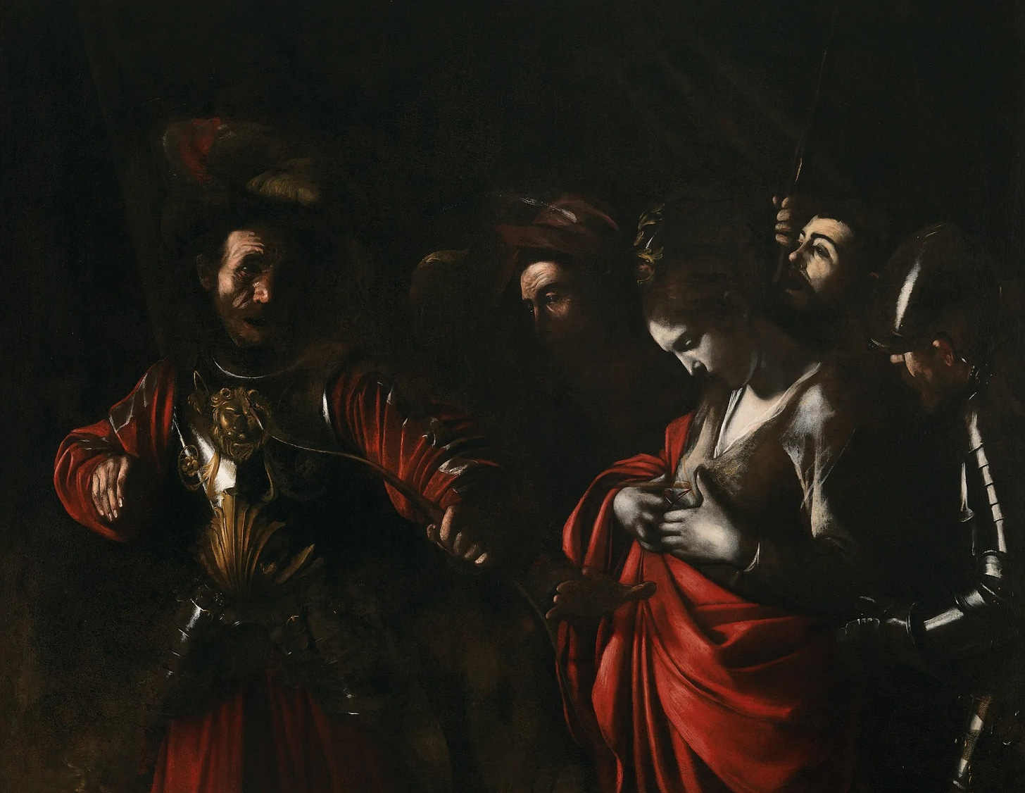 Painting of a dark, shadowy scene in which a group of men surround a woman draped in a red sash, with one of the men shooting an arrow into her chest as the others look on in horror
