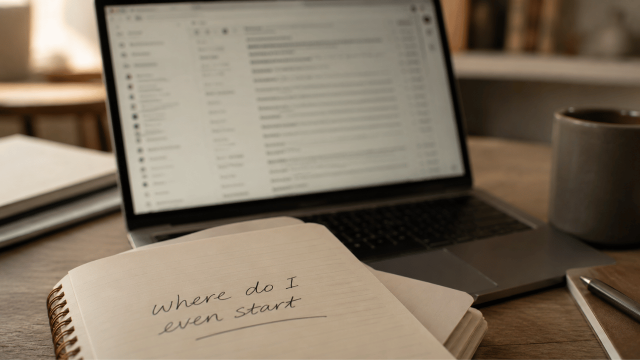 A handwritten notebook beside a laptop and cup of tea, capturing the overwhelm of a consultant who has the expertise but not the system to hold it together.