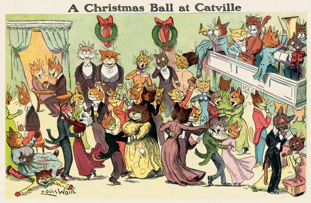 Louis Wain touched off a craze for illustrations of cute anthropomorphized cats. His work was ubiquitous in books, magazines, and advertisements, as well as in his Catville strip that ran from 1907-1911 Louis Wain touched off a craze for illustrations of cute anthropomorphized cats. His work was ubiquitous in books, magazines, and advertisements, as well as in his Catville strip that ran from 1907-1911