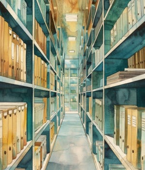 vintage editorial watercolor illustration of floor to ceiling institutional shelves of folders, warm amber light, one slot empty, no figures, cream paper texture