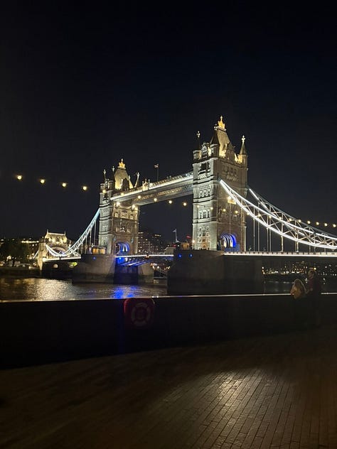 two women in front of the O2 arena; a woman in front of Keats House in Hampstead, two women in front of the Royal Opera House in London; the inside of the Royal Opera House in London; tower bridge at night; a picnic in the park