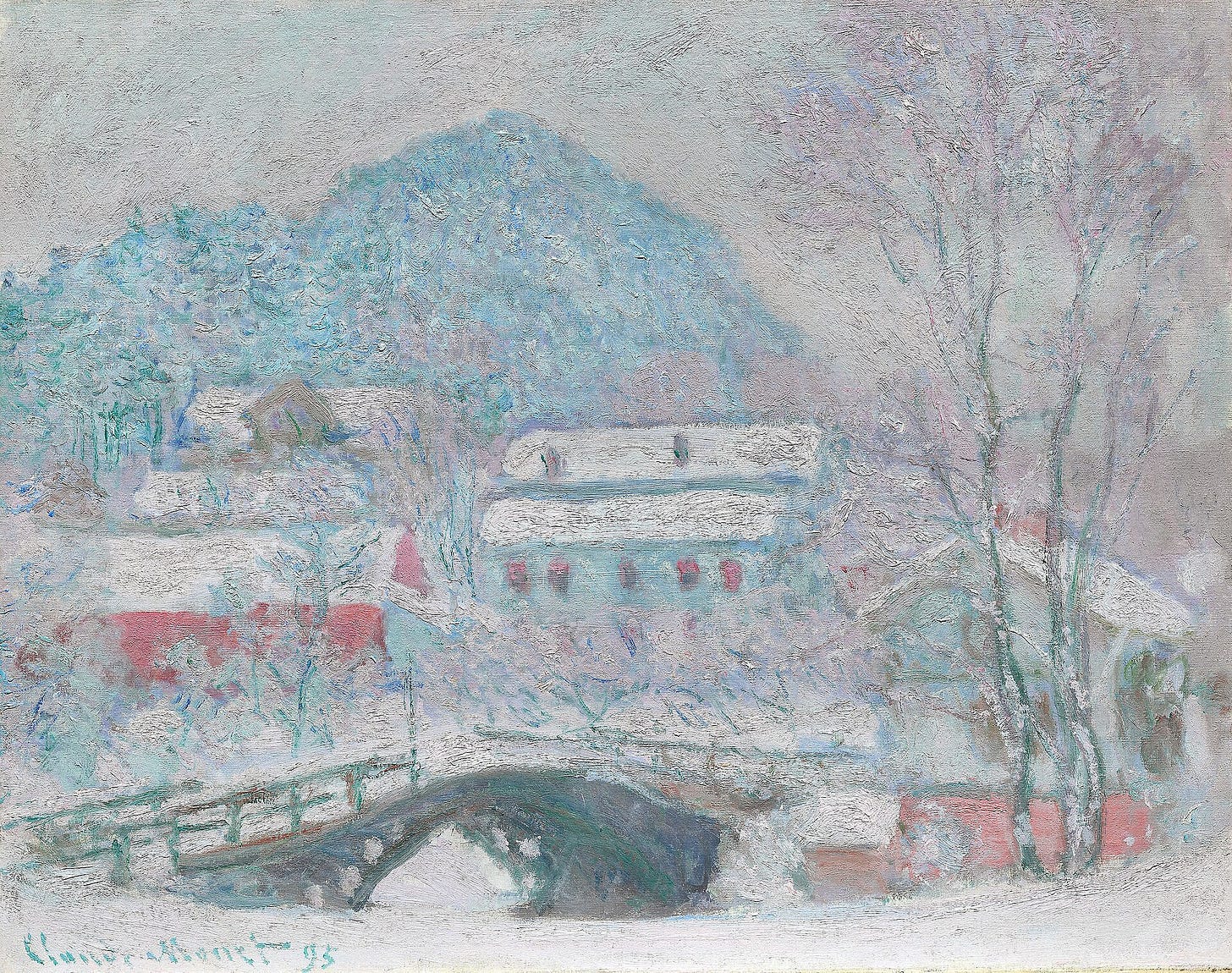 A snowy Norwegian village of red and ochre wooden houses beside a frozen river, crossed on the left by a small arched bridge, under a pale winter sky. A snowy Norwegian village of red and ochre wooden houses beside a frozen river, crossed on the left by a small arched bridge, under a pale winter sky.