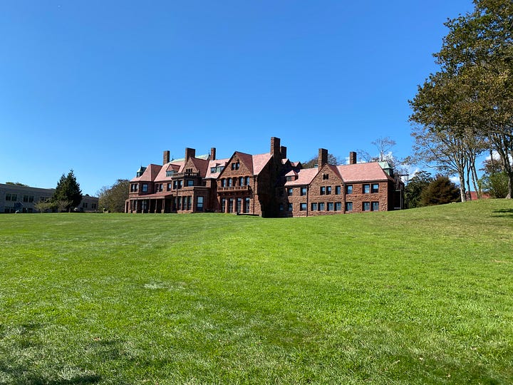 cliffs, mansion, grass, sky, rocks