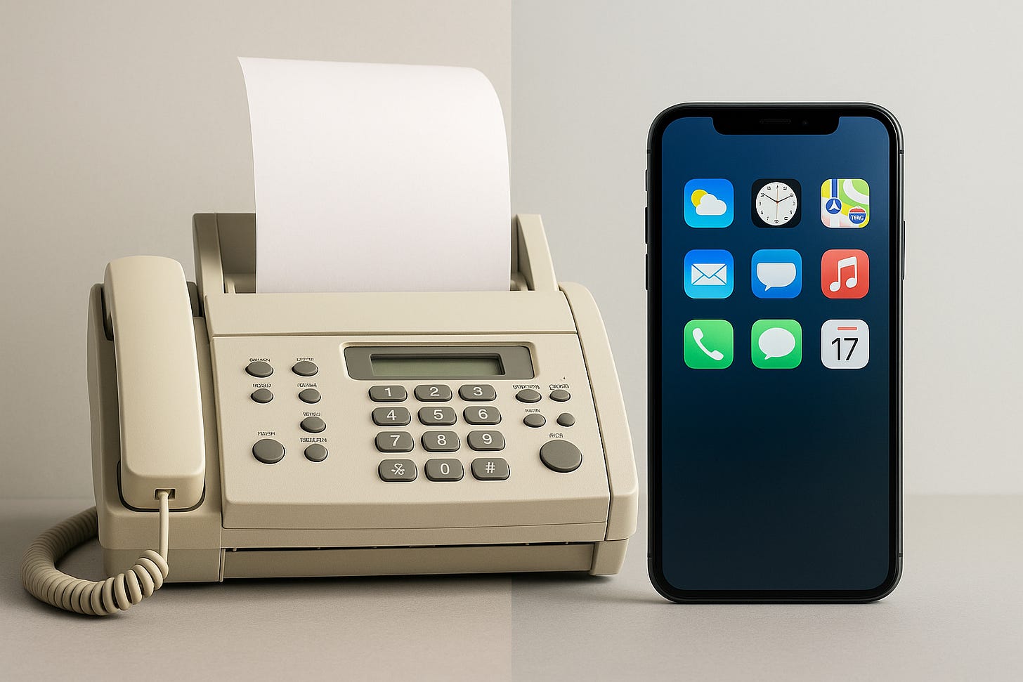 Split image of an old fax machine beside a modern smartphone, showing how technology has rapidly changed. Split image of an old fax machine beside a modern smartphone, showing how technology has rapidly changed.