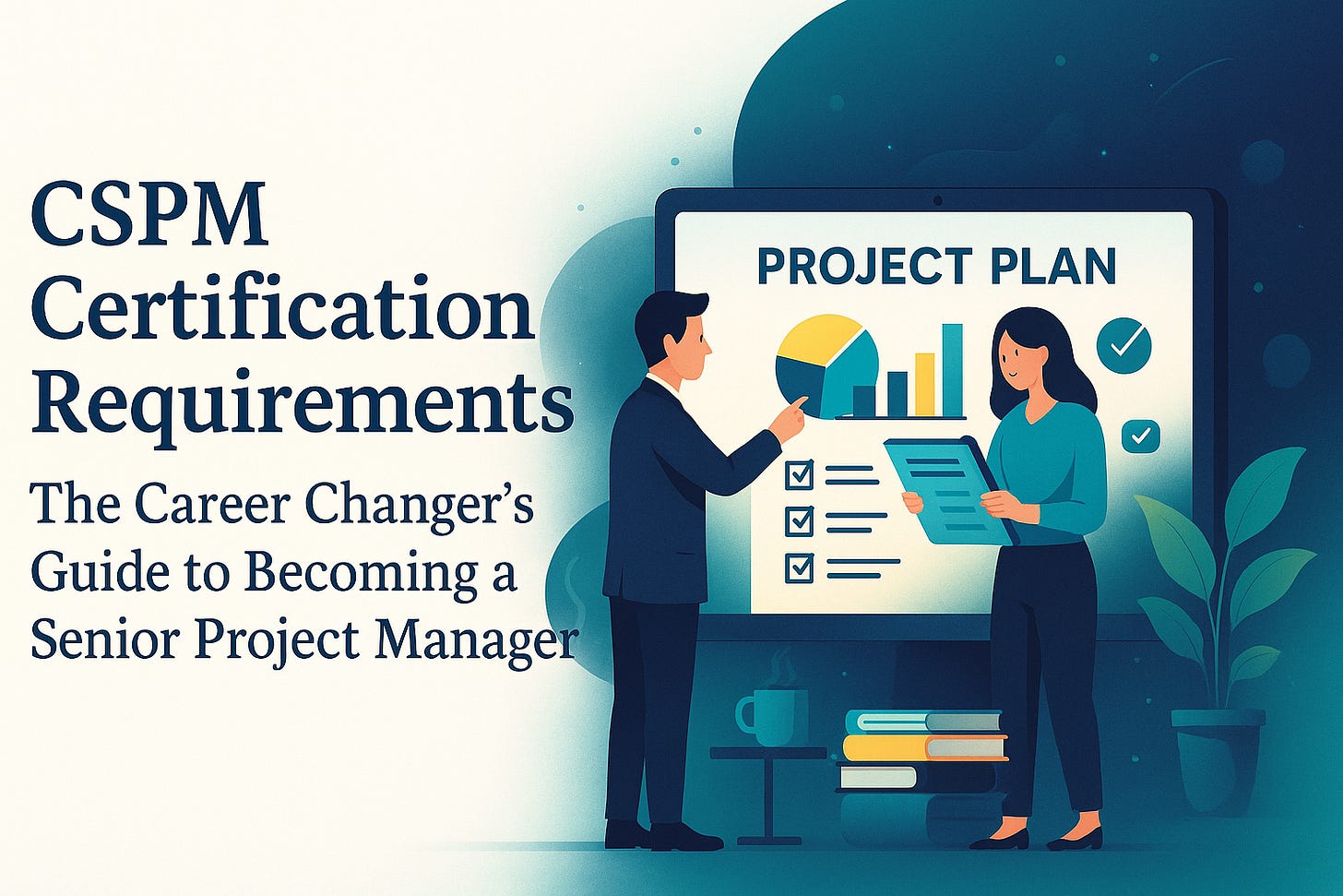 Professional banner illustrating CSPM certification and career advancement with two professionals planning a project beside a digital exam interface.