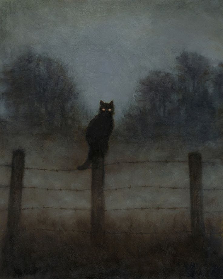 This may contain: a painting of a cat sitting on top of a fence
