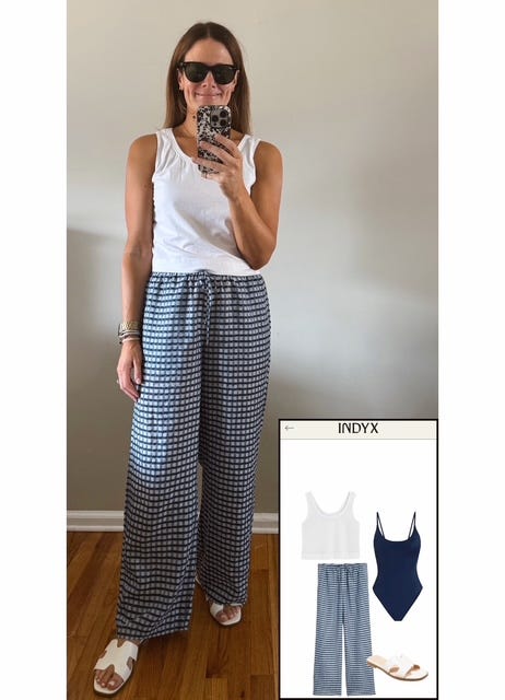 Woman wearing white scoop neck tank, gingham pants, and white sandals Woman wearing white scoop neck tank, gingham pants, and white sandals