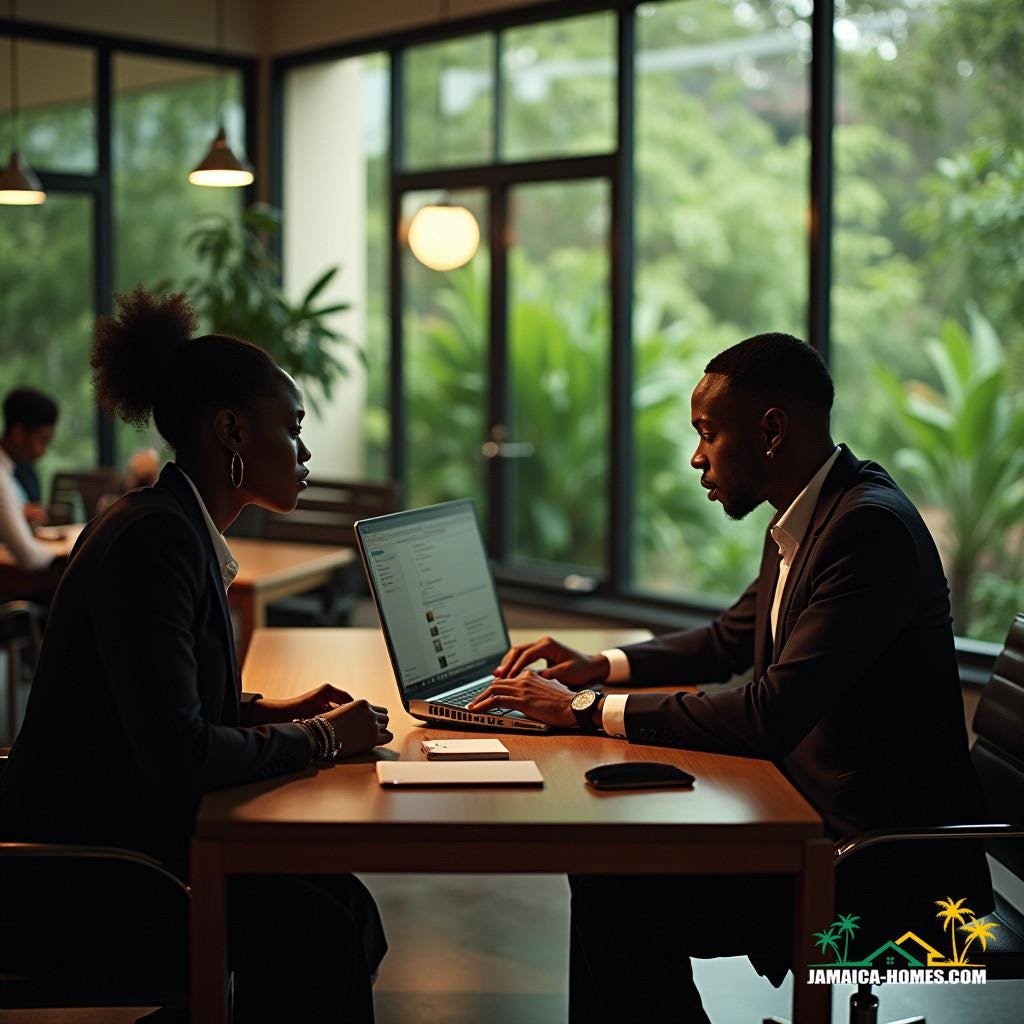 Two black real estate agents, dressed in professional attire, sitting at a wooden desk in a modern Jamaican office, surrounded by lush Caribbean greenery visible through the large windows, intensely focused on their computer screens as they utilize AI chatbots like GPT to streamline tasks, cinematic lighting casting a warm glow on their faces, film grain and vignette adding a sense of depth and nostalgia to the image, color graded to evoke a sense of optimism and innovation, post-processed to enhance the natural textures and tones, evoking the style of cinematic masters like Roger Deakins and Emmanuel Lubezki, with the atmosphere and drama of a Denis Villeneuve film, shot on 35mm film with a V-Raptor XL camera, capturing the subtleties of human emotion and the vibrant spirit of the Caribbean, a masterpiece of modern cinematic storytelling.