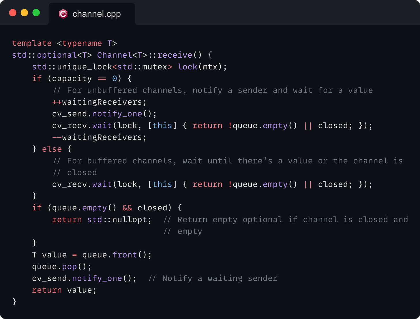 template <typename T> std::optional<T> Channel<T>::receive() {     std::unique_lock<std::mutex> lock(mtx);     if (capacity == 0) {         // For unbuffered channels, notify a sender and wait for a value         ++waitingReceivers;         cv_send.notify_one();         cv_recv.wait(lock, [this] { return !queue.empty() || closed; });         --waitingReceivers;     } else {         // For buffered channels, wait until there's a value or the channel is         // closed         cv_recv.wait(lock, [this] { return !queue.empty() || closed; });     }     if (queue.empty() && closed) {         return std::nullopt;  // Return empty optional if channel is closed and                               // empty     }     T value = queue.front();     queue.pop();     cv_send.notify_one();  // Notify a waiting sender     return value; }